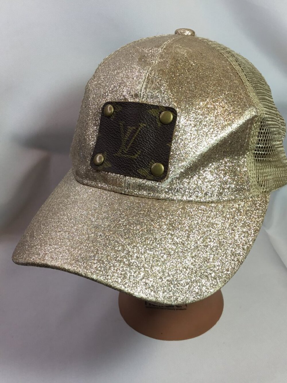 Upcycled LV Patch Distressed Trucker Hat CC Ponytail Cap Bling Gold Sparkle Mesh - Picture 1 of 13